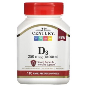 21st Century Vitamin D3 250 mcg (10.000 IU) 110 Rapid Release Softgels 740985280607