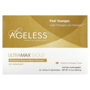 Ageless Foundation Laboratories UltraMax Gold Advanced Rejuvenation Formula with Alphatrophin Valencia Orange 22 Packets 0.61 oz (17.4 g) Each 691546001103