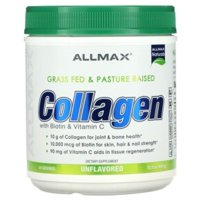ALLMAX Grass Fed & Pasture Raised Collagen with Biotin & Vitamin C Unflavored 15.5 oz (440 g) 665553228402
