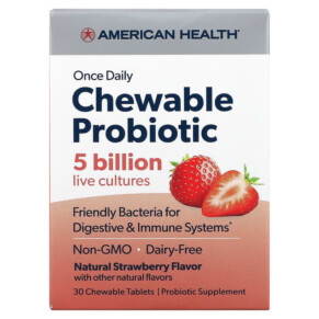 American Health Once Daily Chewable Probiotic Natural Strawberry 5 Billion CFU 30 Chewable Tablets 076630300551