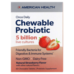 American Health Once Daily Chewable Probiotic Natural Strawberry 5 Billion CFU 60 Chewable Tablets 076630300797