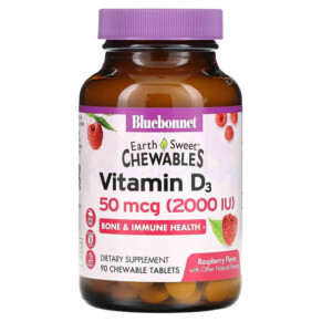 Bluebonnet Nutrition EarthSweet Chewables Vitamin D3 Raspberry 2.000 IU 90 Chewable Tablets 743715003644