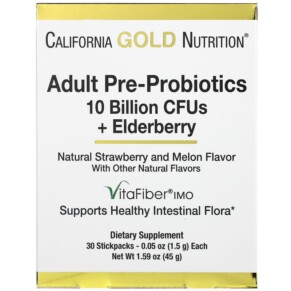 California Gold Nutrition Adult Pre-Probiotics 10 Billion CFU + Elderberry Natural Strawberry & Melon Flavor 30 Packets 0.05 oz (1.5 g) Each 898220018543