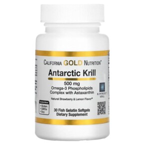 California Gold Nutrition Antarctic Krill Oil Omega-3 Phospholipids Complex with Astaxanthin Natural Strawberry and Lemon Flavor 500 mg 30 Fish Gelatin Softgels 898220011001