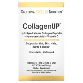 California Gold Nutrition CollagenUP Hydrolyzed Marine Collagen Peptides with Hyaluronic Acid and Vitamin C Unflavored 10 Packets 0.18 oz (5.16 g) Each 898220013449