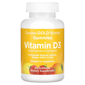 California Gold Nutrition Vitamin D3 Gummies No Gelatin No Gluten Mixed Berry & Fruit Flavors 25 mcg (1.000 IU) 90 Gummies 898220011964