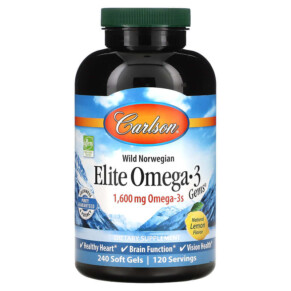 Carlson Elite Omega 3 Gems Natural Lemon 800 mg 240 Soft Gels 088395017131