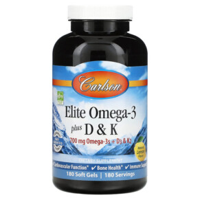 Carlson Elite Omega-3 Plus D & K Natural Lemon Flavor 180 Soft Gels 088395175206