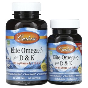 Carlson Elite Omega-3 Plus D & K Natural Lemon Flavor 60 + 30 Free Soft Gels 088395175404