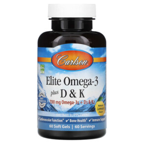 Carlson Elite Omega-3 Plus D & K Natural Lemon Flavor 60 Soft Gels 088395175107