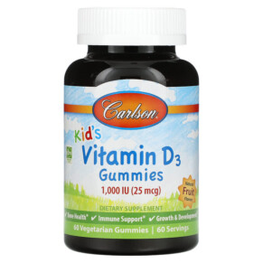 Carlson Kid's Vitamin D3 Gummies Natural Fruit 25 mcg (1.000 IU) 60 Vegetarian Gummies 088395494307