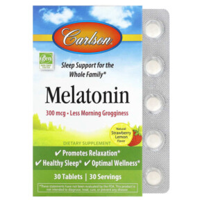 Carlson Melatonin Natural Strawberry Lemon 300 mcg 30 Tablets 088395873607