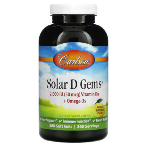 Carlson Solar D Gems Vitamin D3 + Omega-3s Natural Lemon 360 Soft Gels 088395014734