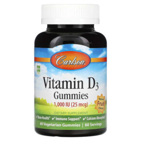 Carlson Vitamin D3 Gummies Natural Fruit Flavors 25 mcg (1.000 IU) 60 Gummies 088395494000