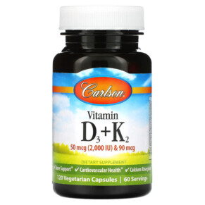 Carlson Vitamin D3 + K2 50 mcg (2.000 IU) & 90 mcg 120 Vegetarian Capsules 088395106200