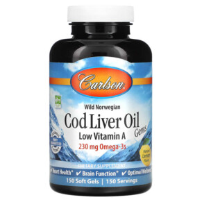 Carlson Wild Norwegian Cod Liver Oil Gems Low Vitamin A Natural Lemon 230 mg 150 Soft Gels 088395013911