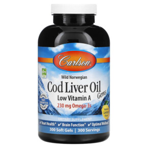 Carlson Wild Norwegian Cod Liver Oil Gems Low Vitamin A Natural Lemon 230 mg 300 Soft Gels 088395013935