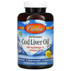 Carlson Wild Norwegian Cod Liver Oil Gems Natural Lemon 460 mg 150 Soft Gels 088395013812