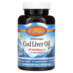 Carlson Wild Norwegian Cod Liver Oil Minis 250 Mini Soft Gels 088395013126