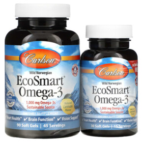 Carlson Wild Norwegian EcoSmart Omega-3 Natural Lemon 500 mg 90 + 30 Soft Gels 088395018046