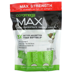 Coromega Max High Concentrate Omega-3 Fish Oil Coconut Bliss 1.200 mg 60 Squeeze Shots 2.5 g Each 689269455273