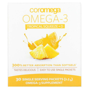 Coromega Omega-3 Squeeze Tropical Squeeze+D 30 Single Serving Packets 2.5 g Each 689269452227