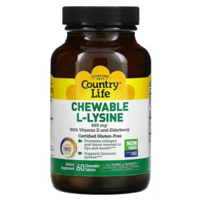 Country Life Chewable L-Lysine with Vitamin D and Elderberry 300 mg 60 Chewable Tablets 015794013204