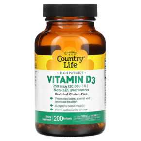 Country Life High Potency Vitamin D3 250 mcg (10.000 IU) 200 Softgels 015794058168