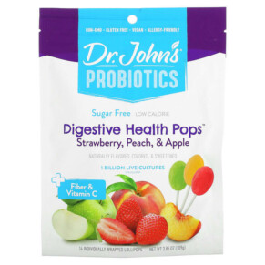 Dr. John's Healthy Sweets Probiotics Digestive Health Pops + Fiber & Vitamin C Strawberry Peach & Apple Sugar Free 1 Billion 14 Individually Wrapped Lollipops 3.85 oz (109 g) 605245006383