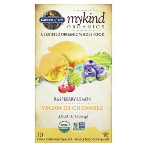 Garden of Life MyKind Organics Vegan D3 Raspberry-Lemon 50 mcg (2.000 IU) 30 Vegan Chewable Tablets 658010118613