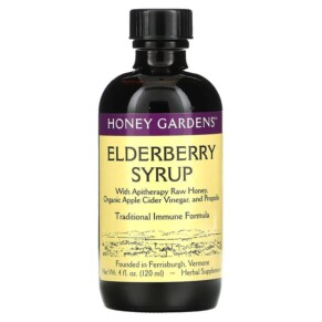 Honey Gardens Elderberry Syrup with Apitherapy Raw Honey Organic Apple Cider Vinegar and Propolis 4 fl oz (120 ml) 022318000084