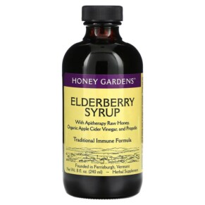 Honey Gardens Elderberry Syrup with Apitherapy Raw Honey Organic Apple Cider Vinegar and Propolis 8 fl oz (240 ml) 022318000329