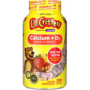 L'il Critters Calcium + D3 Bone Support Black Cherry Orange & Strawberry Flavors 150 Gummies 027917014173