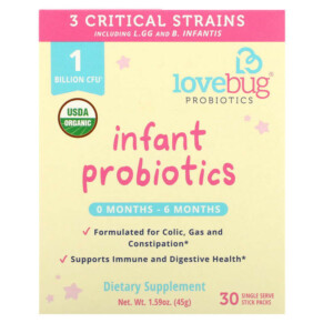 LoveBug Probiotics Infant Probiotics 0-6 Months 1 Billion CFU 30 Single Stick Packs 0.05 oz (1.5 g) Each 861383000328