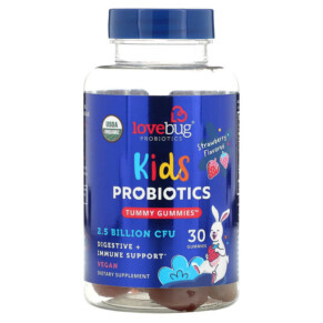 LoveBug Probiotics Kids Probiotics Tummy Gummies Strawberry 2.5 Billion CFU 30 Gummies 850002716511