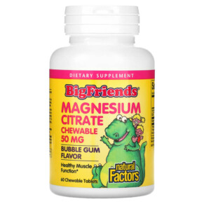 Natural Factors Big Friends Magnesium Citrate Bubble Gum 50 mg 60 Chewable Tablets 068958016481