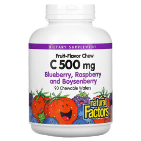 Natural Factors Fruit-Flavor Chew Vitamin C Blueberry Raspberry and Boysenberry 500 mg 90 Chewable Wafers 068958013268