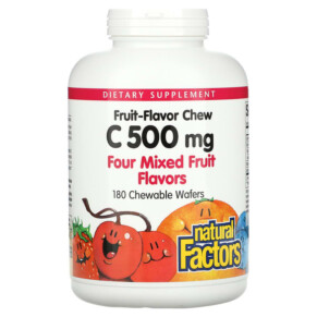 Natural Factors Fruit-Flavor Chew Vitamin C Four Mixed Fruit Flavors 500 mg 180 Chewable Wafers 068958013367