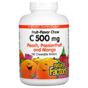 Natural Factors Fruit-Flavor Chew Vitamin C Peach Passionfruit and Mango 500 mg 180 Chewable Wafers 068958013251