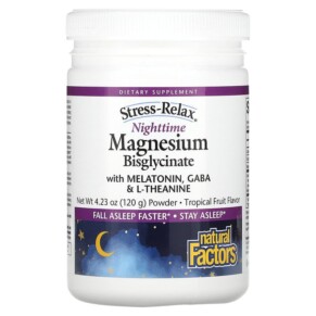 Natural Factors Stress-Relax Nighttime Magnesium Bisglycinate with Melatonin Gaba & L-Theanine Tropical Fruit 4.23 oz (120 g) 068958035284