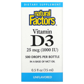 Natural Factors Vitamin D3 Drops Unflavored 25 mcg (1.000 IU) 0.5 fl oz (15 ml) 068958010557
