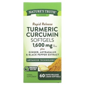 Nature's Truth Turmeric Curcumin plus Ginger Astragalus and Black Pepper Extract 800 mg 60 Rapid Release Liquid Softgels 840093112354