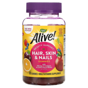 Nature's Way Alive! Hair Skin & Nails with Collagen & Biotin Strawberry 60 Gummies 033674115343