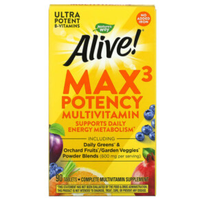 Nature's Way Alive! Max3 Potency Multivitamin No Added Iron 90 Tablets 033674149317