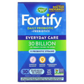 Nature's Way Fortify Daily Probiotic + Prebiotics Everyday Care 30 Billion CFU 30 Delayed-Release Veg Capsules 033674102947