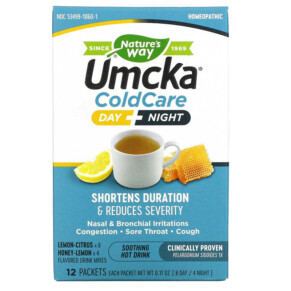 Nature's Way Umcka Cold Care Day + Night Soothing Hot Drink Lemon-Citrus Honey-Lemon 12 Packets 0.17 oz Each (8 Day / 4 Night) 033674106013