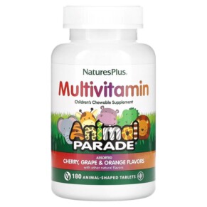 NaturesPlus Animal Parade Children's Chewable Multivitamin Supplement Cherry Grape & Orange 180 Animal-Shaped Tablets 097467299825