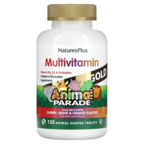 NaturesPlus Animal Parade Gold Children's Chewable Multivitamin Supplement Cherry Grape & Orange 120 Animal-Shaped Tablets 097467299283
