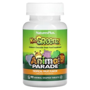 NaturesPlus Animal Parade Kid Greenz Children's Chewable Green Food Supplement Tropical Fruit 90 Animal-Shaped Tablets 097467299689