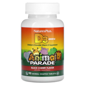 NaturesPlus Animal Parade Vitamin D3 Black Cherry 500 IU 90 Animal-Shaped Tablets 097467299504